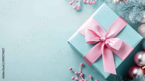 A beautifully wrapped blue gift box with a pink ribbon, surrounded by festive decorations.