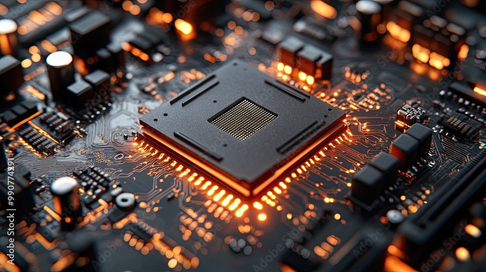 A detailed view focusing on the intricate components of an industrial computer CPU. A detailed view focusing on the intricate components of an industrial computer CPU.