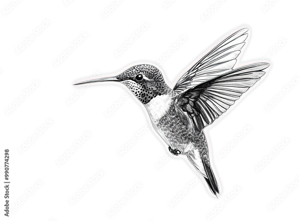 Black and White Hummingbird Illustration, Bird in Flight, Nature, Wildlife, Drawing Black and White Hummingbird Illustration, Bird in Flight, Nature, Wildlife, Drawing