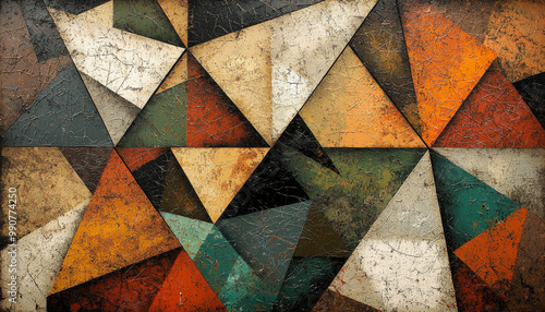 A textured abstract composition featuring a variety of geometric triangles in earthy tones and muted colors.