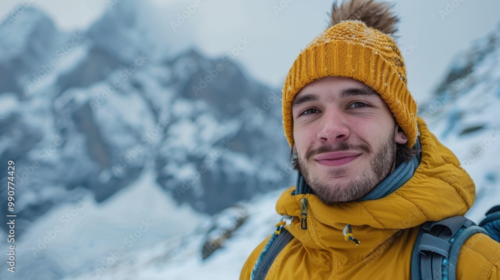 A beautiful representation of a young man in winter, showcasing the beauty of the mountains around him A beautiful representation of a young man in winter, showcasing the beauty of the mountains around him