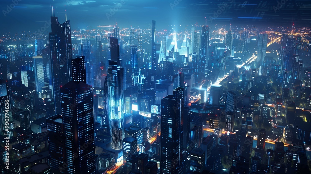 Smart city with line light connection technology on night sky Smart city with line light connection technology on night sky