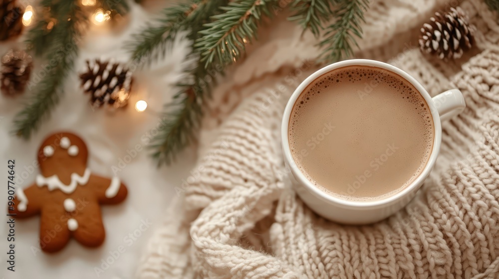 Cozy winter, cup of coffee, spruce branches, christmas gingerbread, soft blanket and garlands. Generative AI Cozy winter, cup of coffee, spruce branches, christmas gingerbread, soft blanket and garlands. Generative AI