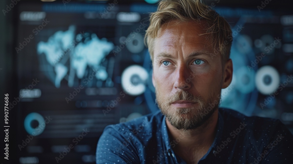 Blonde in a business environment with charts in front of him Blonde in a business environment with charts in front of him