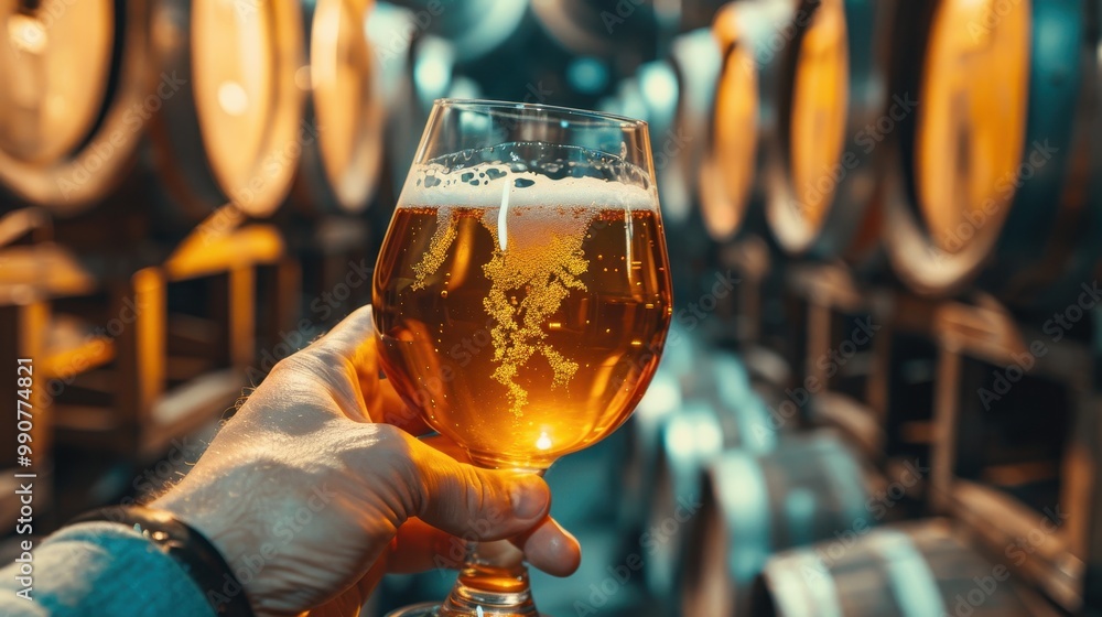 Hand with beer on the background of a wooden barrel Hand with beer on the background of a wooden barrel