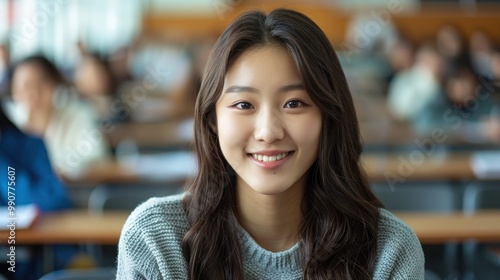 A Korean student laughing heartily during a lecture