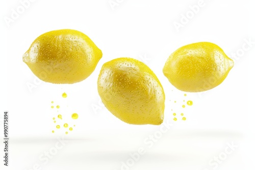 Fresh floating lemons with water droplets