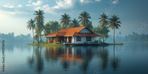 Beautiful tropical house with palm trees and reflection on calm lake under clear blue sky