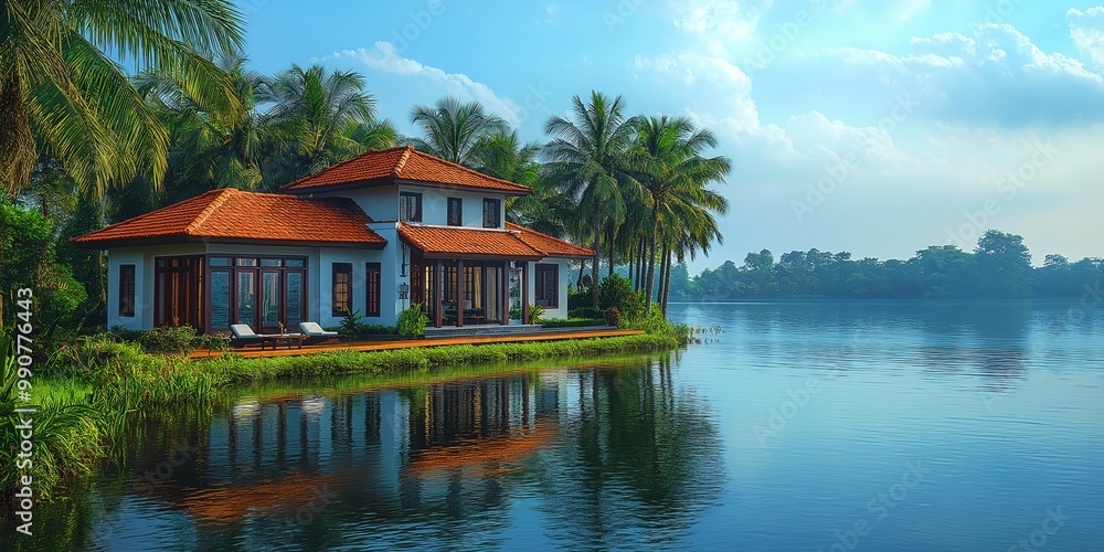 A scenic house with red tiled roof surrounded by palm trees on a serene lake under blue sky A scenic house with red tiled roof surrounded by palm trees on a serene lake under blue sky