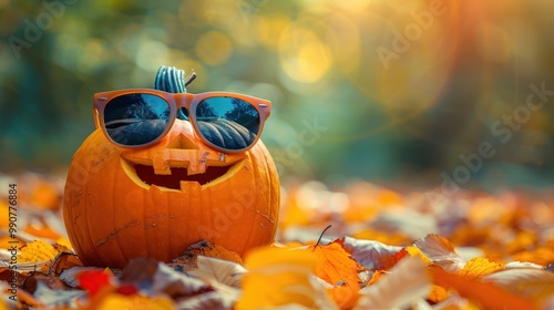 Bright colors of autumn emphasize the fun of the pumpkin with glasses