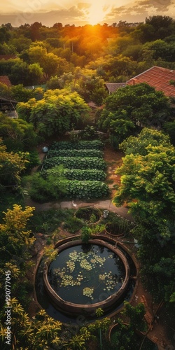 Rainwater harvesting system, rural area, sunset, bird's-eye view, water conservation, detailed setup, wide-angle lens