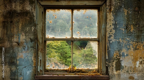 Old Window with Broken Glass and Moss