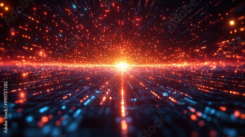A digital cyberspace scene filled with particles and data networks, emphasizing high-speed connections and future technology concepts.
