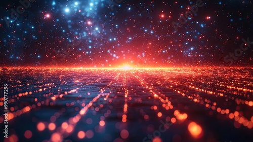 A digital cyberspace scene filled with particles and data networks, emphasizing high-speed connections and future technology concepts.