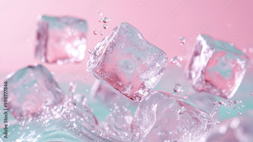 Ice Cubes Splashing into Pink Water Ice Cubes Splashing into Pink Water
