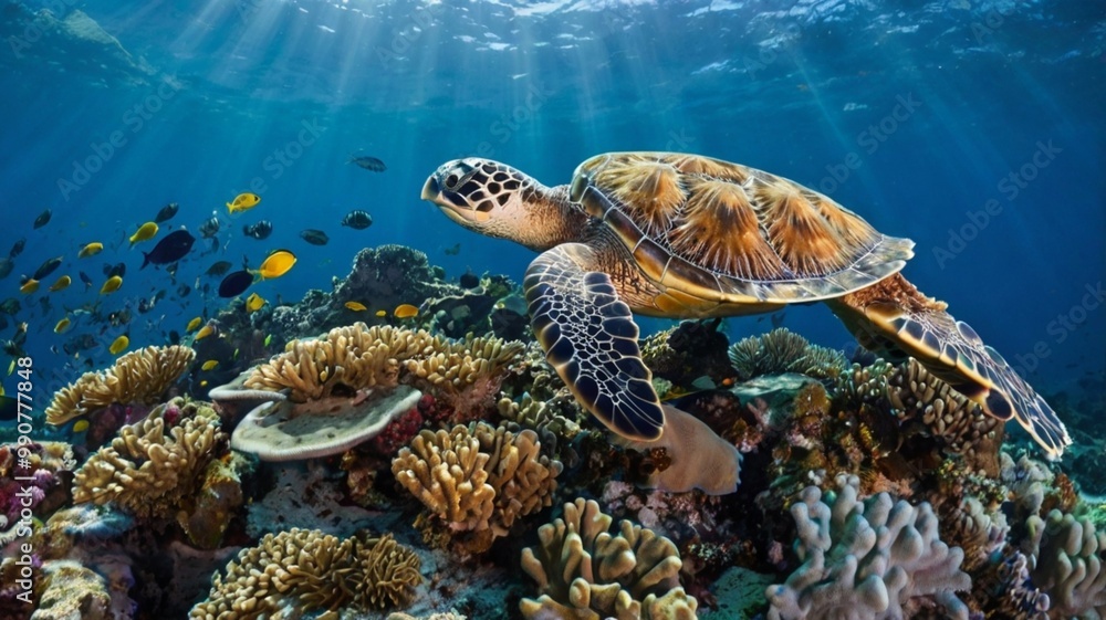Fototapeta premium Underwater scene with a towering seamount rising from the ocean floor, surrounded by corals reefs