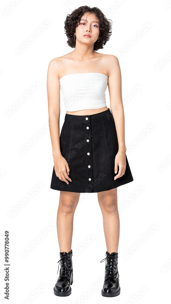 Woman png mockup in white bandeau top and skirt streetwear apparel Woman png mockup in white bandeau top and skirt streetwear apparel