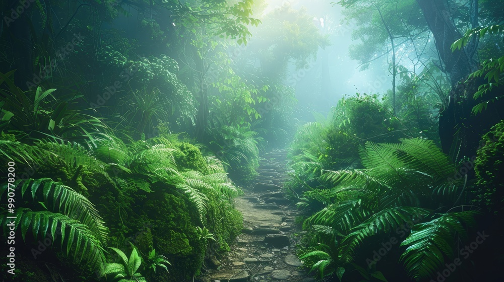 Fototapeta premium A misty forest path winds through lush greenery, sunlight filtering through the canopy.