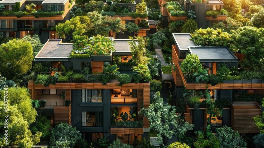 Sustainable urban housing, green spaces, midday, bird's-eye view, eco-friendly design, detailed layout, wide-angle lens Sustainable urban housing, green spaces, midday, bird's-eye view, eco-friendly design, detailed layout, wide-angle lens