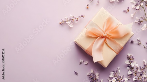 A beautifully wrapped gift box with a pink ribbon surrounded by delicate flowers on a pastel background.