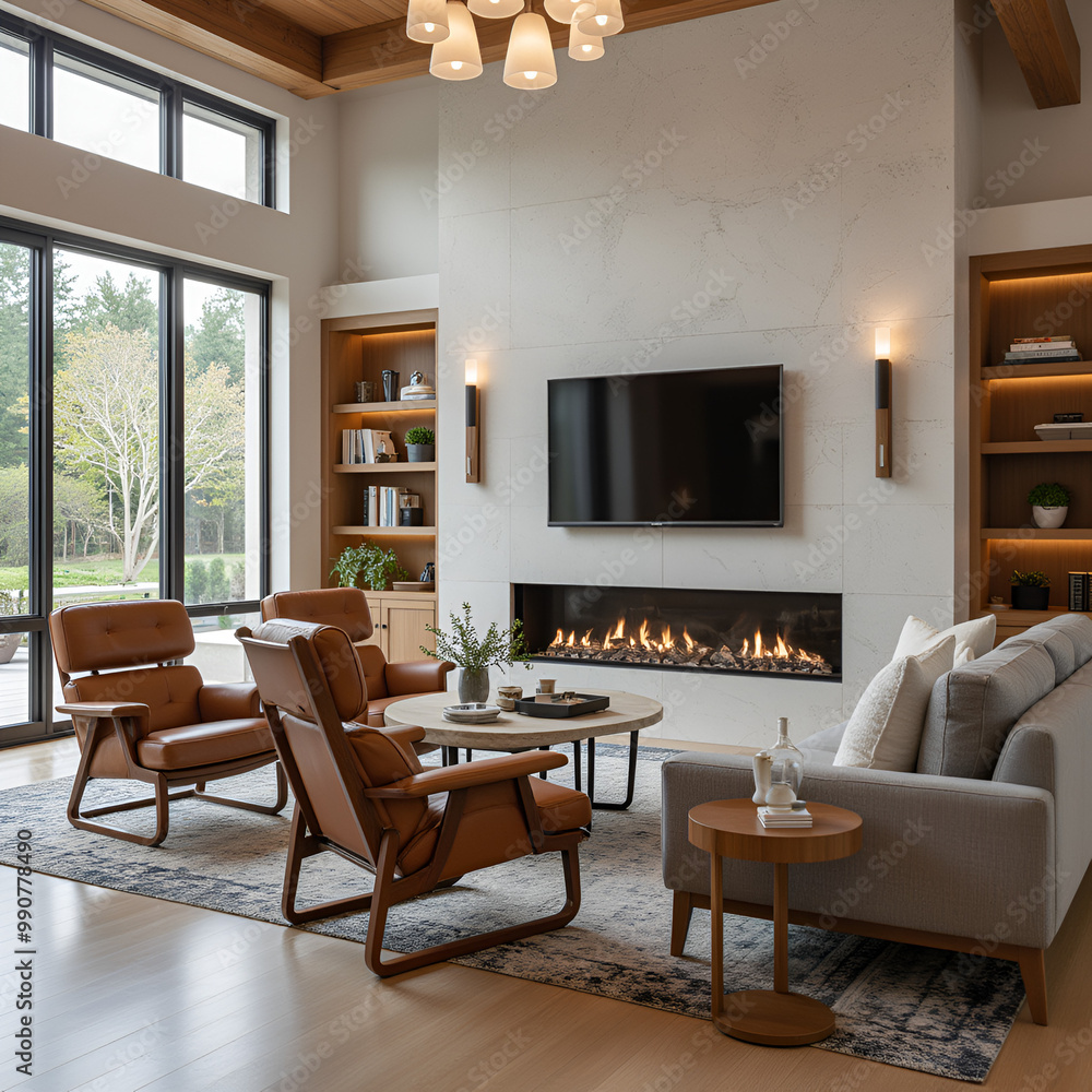 Fototapeta premium Brown leather chairs and grey sofa in room with fireplace. Mid-century style home interior design of modern living room