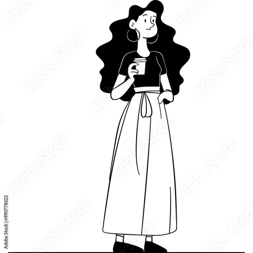 Black and White Beautiful Girl with long Curly Hair drinking Coffee