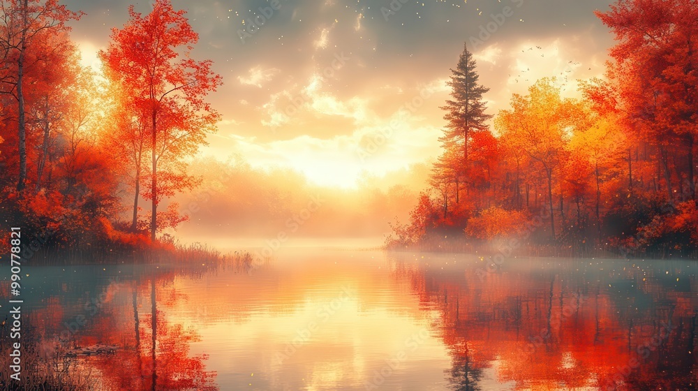 ethereal autumn forest scene with misty lake vibrant foliage in reds and golds reflections on calm water soft dreamy light filtering through trees ethereal autumn forest scene with misty lake vibrant foliage in reds and golds reflections on calm water soft dreamy light filtering through trees