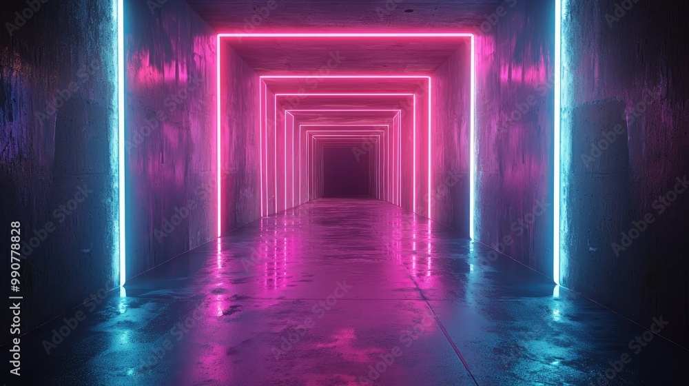 Neon Tunnel Illuminated in Vibrant Pink and Blue Hues Neon Tunnel Illuminated in Vibrant Pink and Blue Hues
