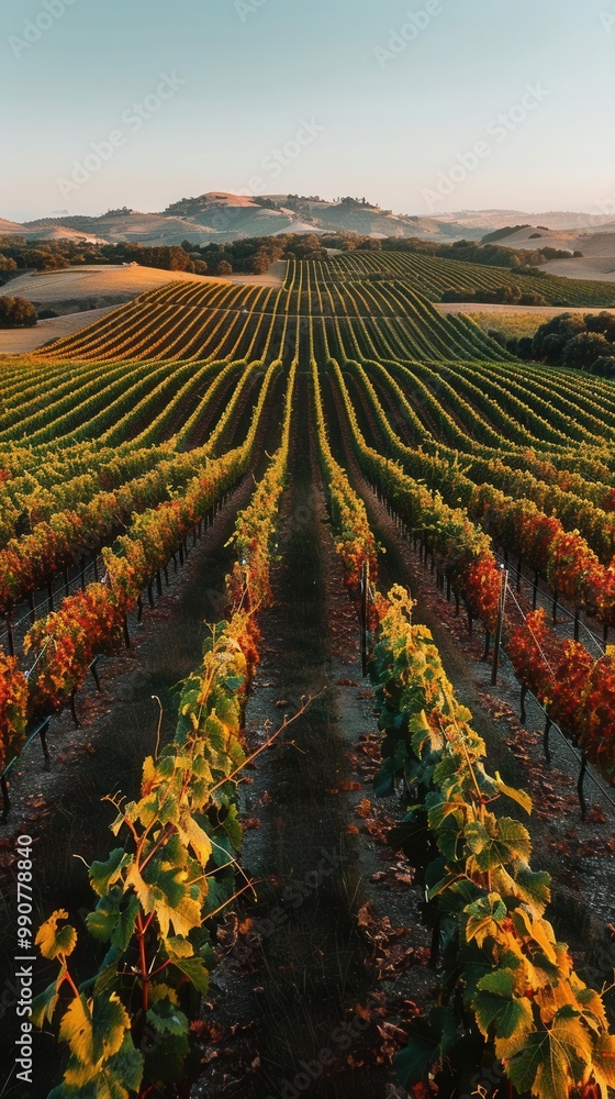 Fototapeta premium Vast vineyard, rolling hills, autumn colors, bird's-eye view, rich landscape, detailed rows, wide-angle shot, clear sky