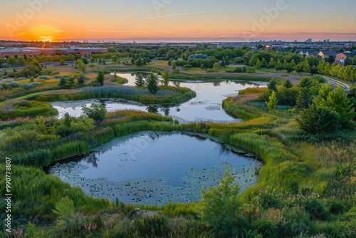 Urban wetlands, diverse wildlife, early morning, bird's-eye view, habitat restoration, vibrant ecosystem, wide-angle shot