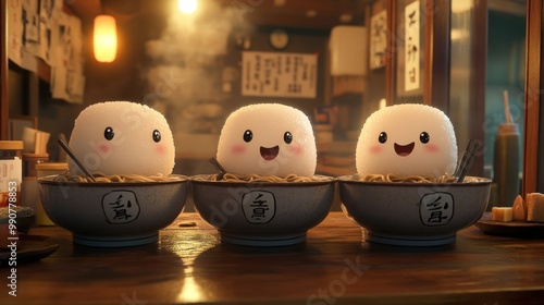 Fototapeta Naklejka Na Ścianę i Meble -  Three Cute Mochi Eating Noodles in a Japanese Restaurant