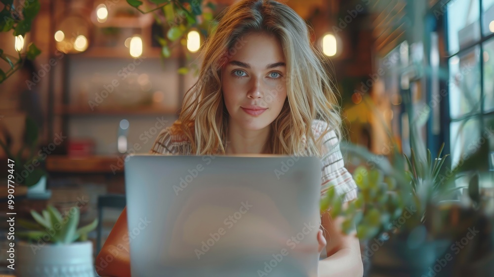 Portrait of a beautiful caucasian american business woman wearing summer outfit clothing using laptop in a modern workspace Portrait of a beautiful caucasian american business woman wearing summer outfit clothing using laptop in a modern workspace
