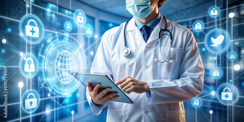 A medical professional using a tablet, surrounded by digital icons representing healthcare and medical technology, set in a modern hospital environmen