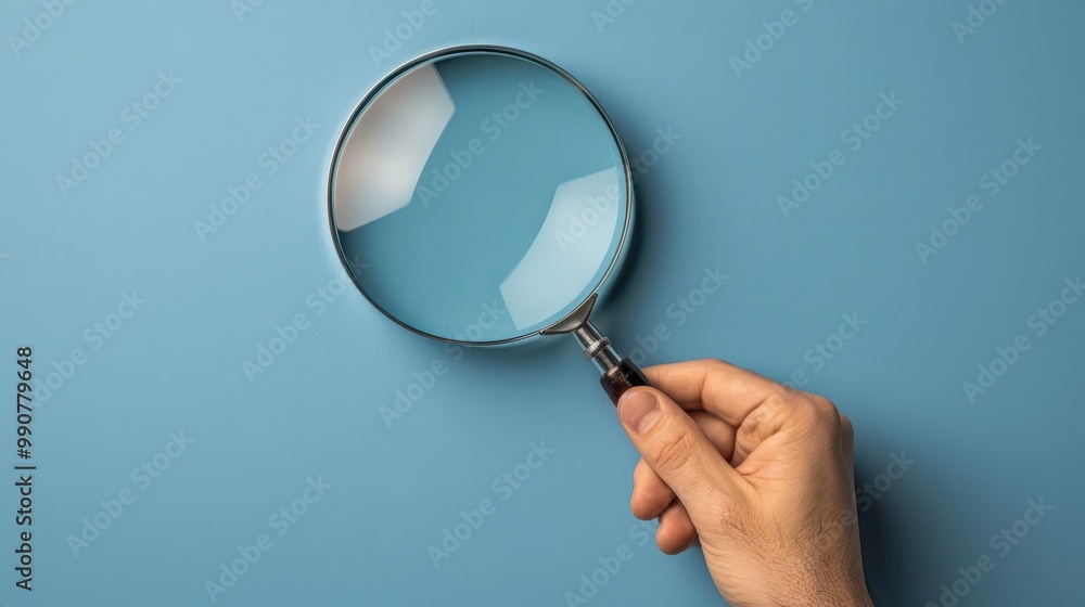 Magnifying glass in hand, isolated on blue background with copy space Magnifying glass in hand, isolated on blue background with copy space