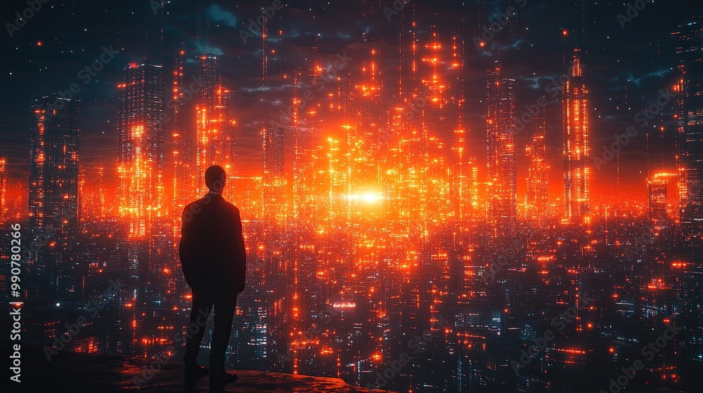 A futuristic business environment is portrayed by a businessman navigating through a city equipped with advanced network capabilities. A futuristic business environment is portrayed by a businessman navigating through a city equipped with advanced network capabilities.