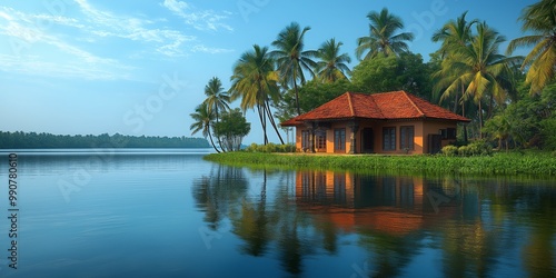 Beautiful tropical house with palm trees and reflection on calm lake under clear blue sky