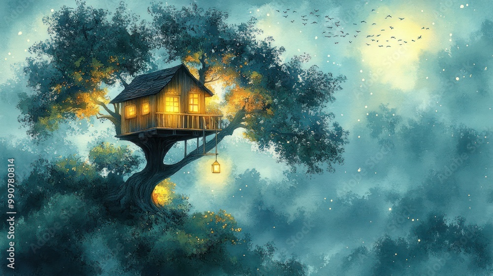 Fototapeta premium Tree House Landscape at Night
