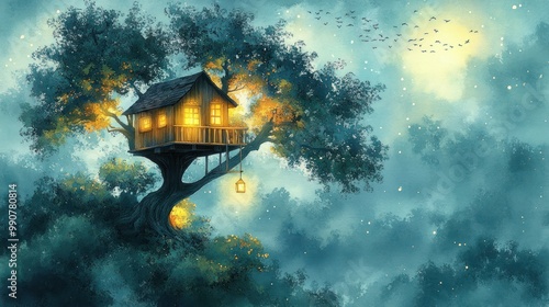 Tree House Landscape at Night