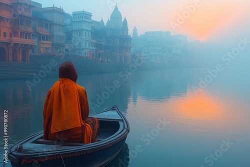 Monk meditating on a boat at sunrise along the misty river near Varanasi Ghats, India photo