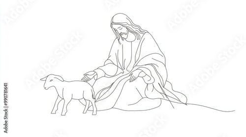 Jesus Christ with lamb, simple line art representing peace and compassion