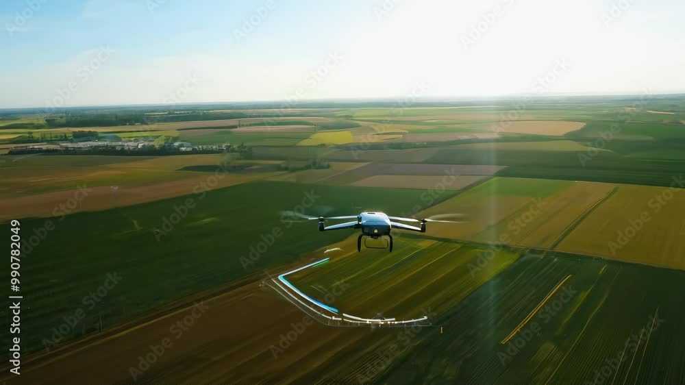 Autonomous drone flying over vast fields under a clear sky, capturing data for mapping with real-time analysis and technology displayed on screen Autonomous drone flying over vast fields under a clear sky, capturing data for mapping with real-time analysis and technology displayed on screen