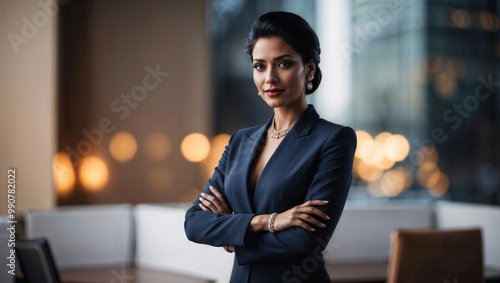 Bellissima donna d'affari di origini indiane in ufficio con vestito elegante e sfondo sfocato photo