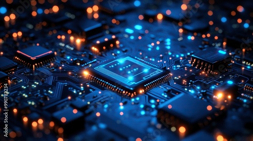 A graphic design of a dark blue circuit board emphasizes high-tech themes, highlighting the intricate details of digital connectivity.