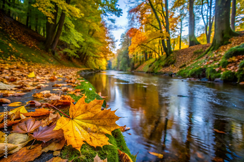 A leaf is floating on the surface of a river. The river is surrounded by trees and the leaves are scattered along the banks. The scene is peaceful and serene