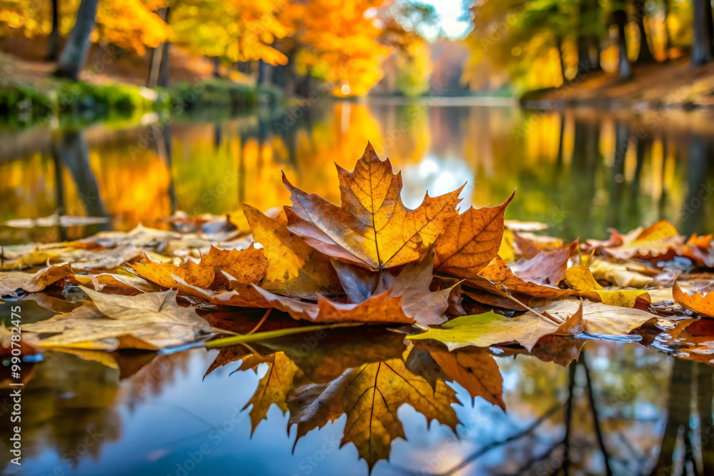 A leaf is laying on the water, reflecting the surrounding trees. Concept of tranquility and serenity, as the leaf and water create a peaceful scene A leaf is laying on the water, reflecting the surrounding trees. Concept of tranquility and serenity, as the leaf and water create a peaceful scene