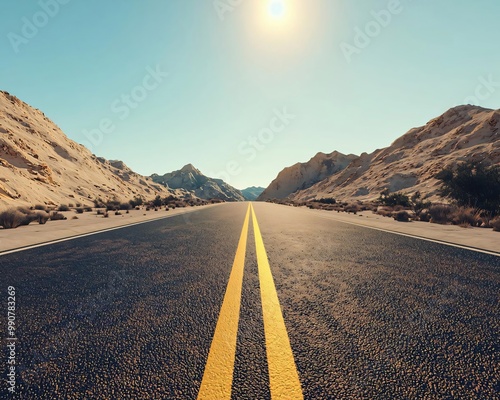 A solitary road stretches toward the horizon, framed by rugged mountains and a clear blue sky, evoking a sense of adventure. photo