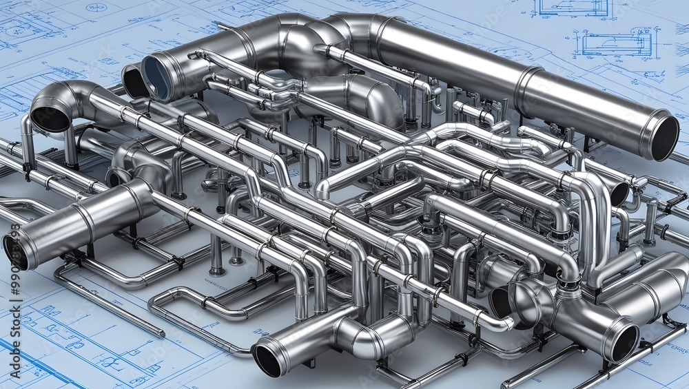 Fototapeta premium Steel Pipe Network On Blueprint Background