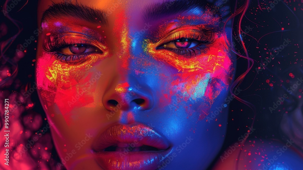 This portrait is the perfect illustration for a music album, where a woman personifies freedom and passion. Neon accents emphasize her unique style and personality