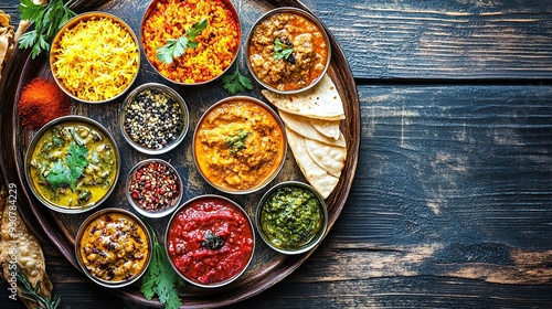 Vibrant Indian Thali, showcasing diverse dishes, rich spices, celebrating the colorful heritage of India's culinary traditions