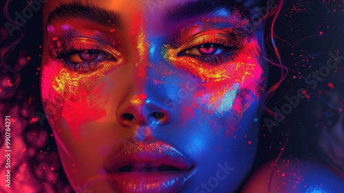 Obraz na płótnie This portrait is the perfect illustration for a music album, where a woman personifies freedom and passion. Neon accents emphasize her unique style and personality w salonie